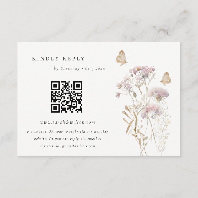Carte D'accompagnement Lilac Fleur sauvage Fern Foliage Mariage QR Code R (Devant)