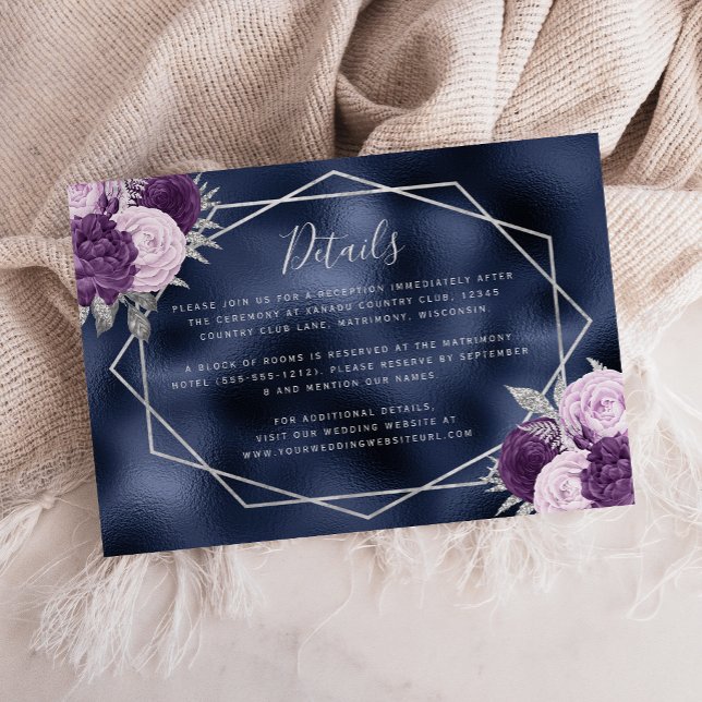 Carte D'accompagnement Lilac Floral Silver Navy Blue Foil Détails du Mari (Créateur téléchargé)