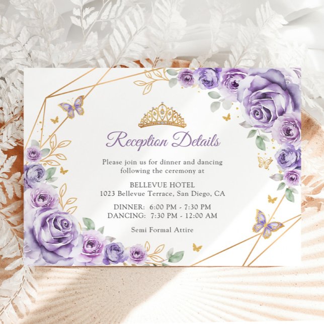 Carte D'accompagnement Lilac Purple Gold Floral Quinceanera Détails (Créateur téléchargé)