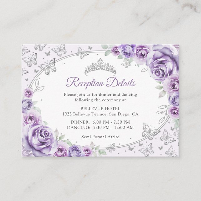 Carte D'accompagnement Lilac Purple Silver Quinceanera Reception Details (Devant)