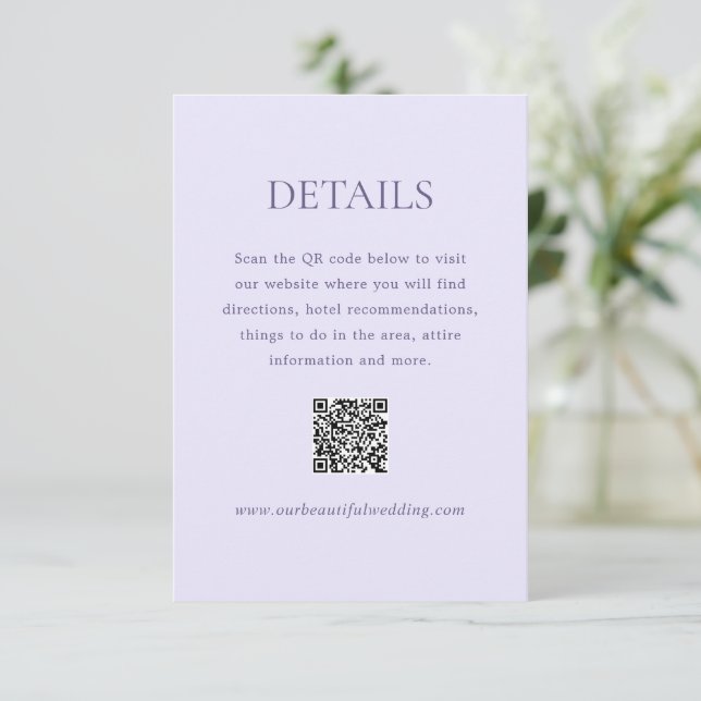 Carte D'accompagnement Lilac QR Code moderne Mariage élégant (Debout devant)