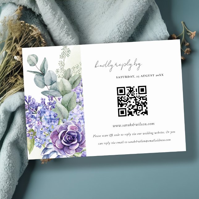 Carte D'accompagnement Lilac Succulent Mariage de la faune feuillu QR Cod (Créateur téléchargé)