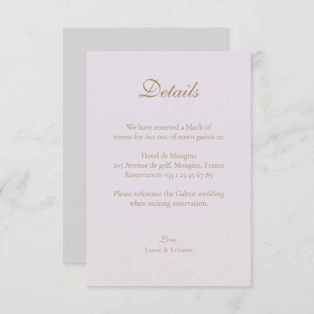 Carte D'accompagnement Lilas doré Gris Élégant Mariage Hôtel Détail (Devant / Derrière)
