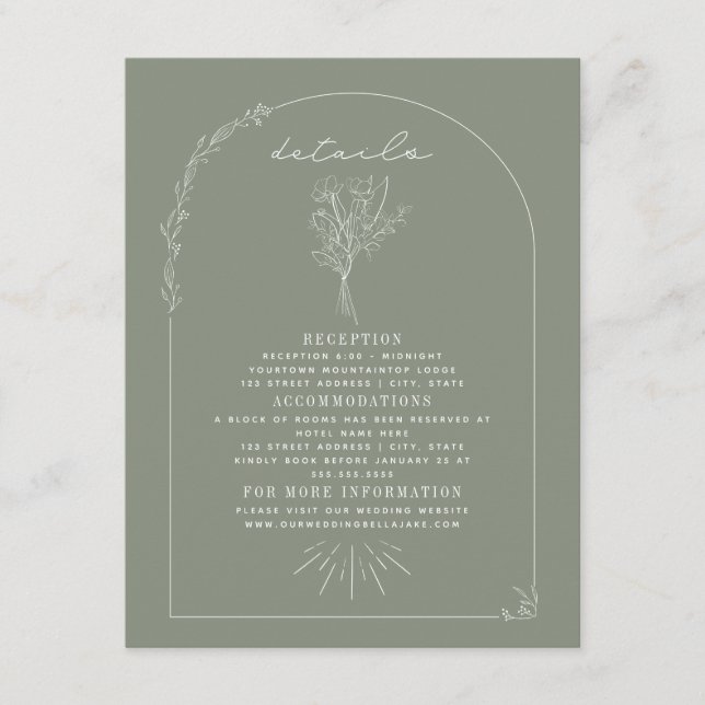 Carte D'accompagnement Line Art Bouquet Sage Green Détails du Mariage (Devant)