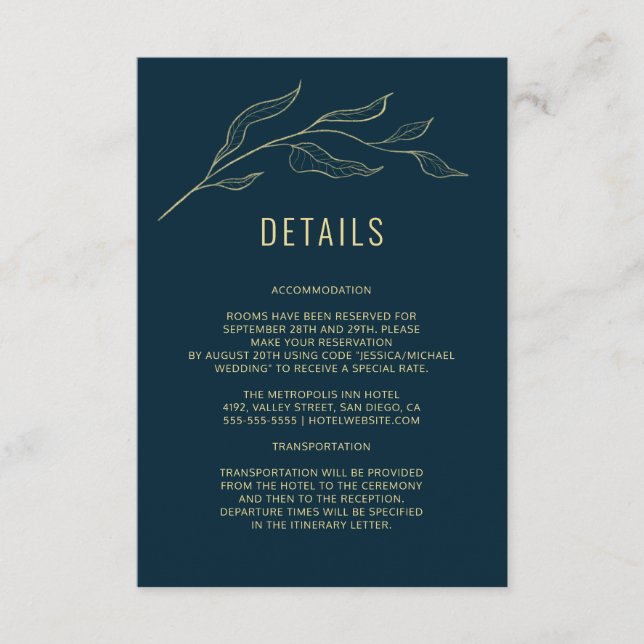Carte D'accompagnement Line Art Feuille Deep Blue Elegant Wedding Détails (Devant)