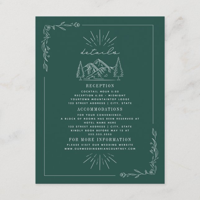 Carte D'accompagnement Line Art Mountains Détails du Mariage Turquoise (Devant)
