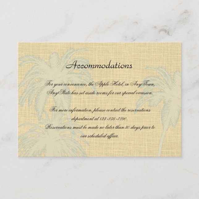 Carte D'accompagnement Linge de crème et Mariage de palmiers bleus Insert (Devant)