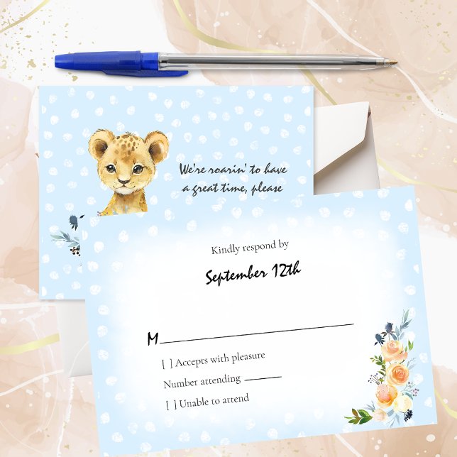 Carte D'accompagnement Lion Cub Baby shower bleu RSVP (Créateur téléchargé)