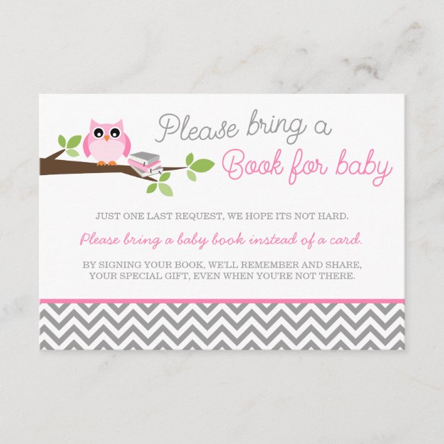 Carte D'accompagnement Livre de Baby shower Chevron gris Chouette rose (Devant)