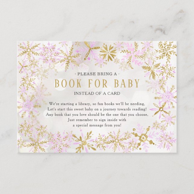 Carte D'accompagnement Livre de Baby shower Pink Gold Snowflake pour Baby (Devant)