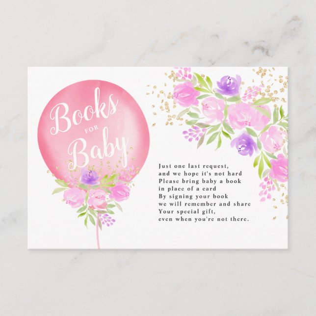 Carte D'accompagnement Livres à ballons à fleurs roses pour baby shower (Devant)