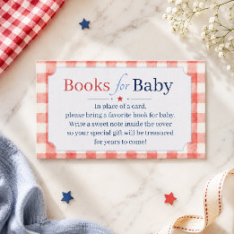 Carte D'accompagnement Livres à gingham rouge blanc bleu pour Baby Shower