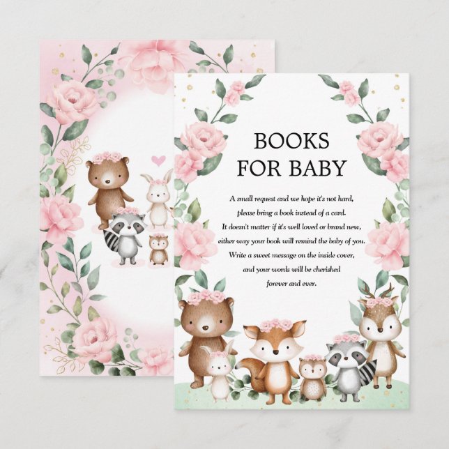 Carte D'accompagnement Livres animaux en bois rose pour bébé fille (Devant / Derrière)