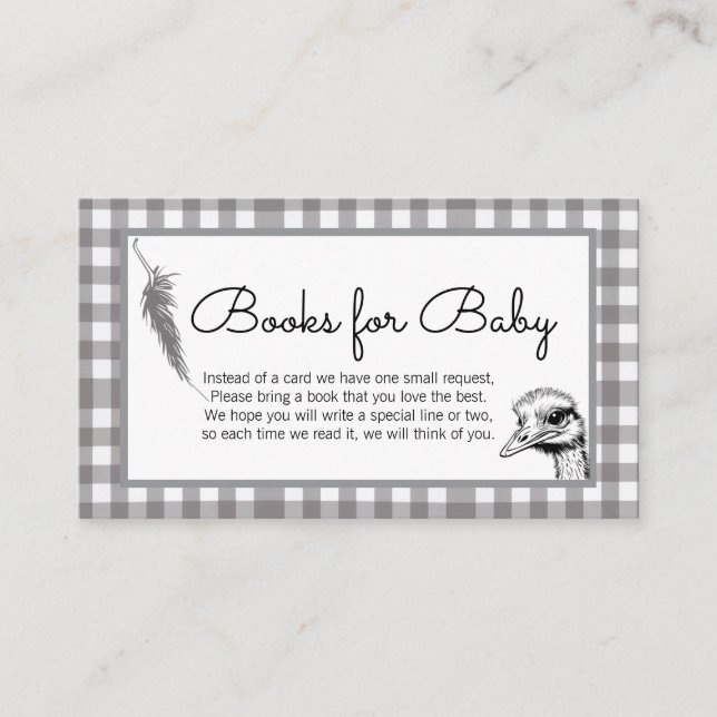 Carte D'accompagnement Livres Autruche Gingham Gris pour Bébé (Devant)