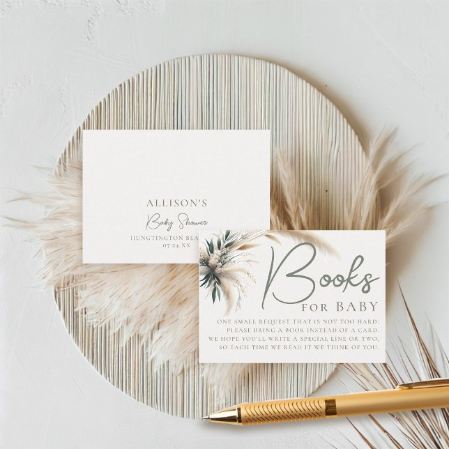 Carte D'accompagnement Livres Baby shower Boho Pampas Vert Neutral (boho baby shower books for baby card pampas greenery watercolor sage green beige neutral)