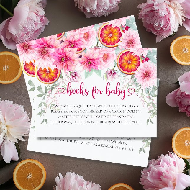 Carte D'accompagnement Livres Baby showers Citrus & Fleurs Roses Pour Béb (Citrus & Pink Watercolor flowers baby shower books for baby enclosure cards)