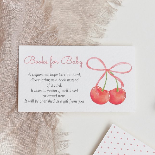 Carte D'accompagnement Livres de Baby shower cerise et ruban rose pour bé (Créateur téléchargé)