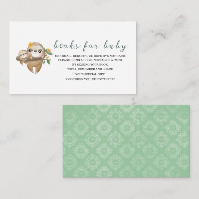 Carte D'accompagnement Livres de baby shower d'aquarelle jote Sloth Green (Devant / Derrière)