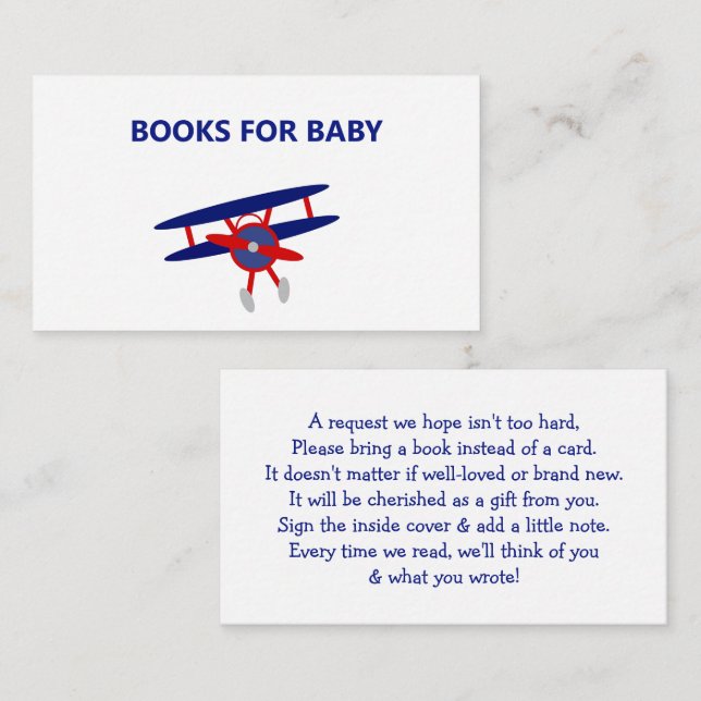 Carte D'accompagnement Livres de Baby shower d'avion bleu et rouge pour b (Devant / Derrière)