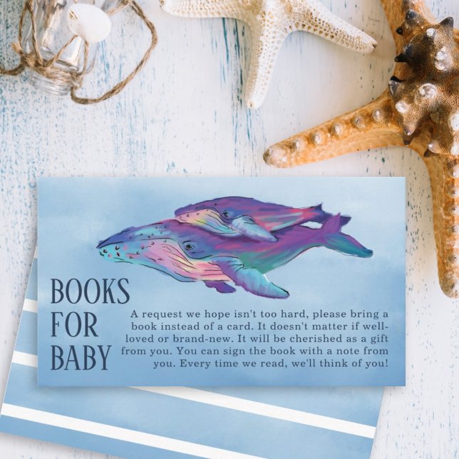 Carte D'accompagnement Livres de Baby shower de baleine pour bébé (Artistic painted whale and whale calf with a blue watercolor background diaper raffle.)