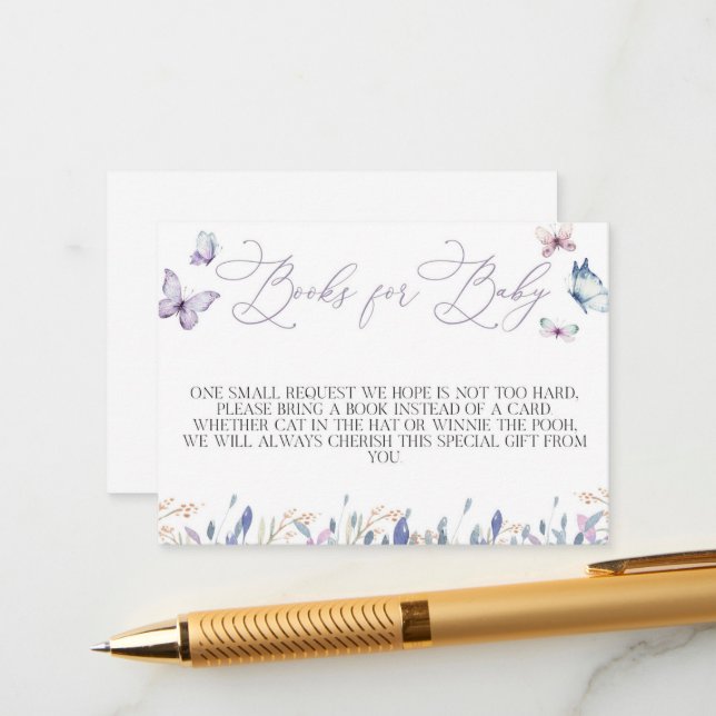 Carte D'accompagnement Livres de Baby shower de papillon pourpre pour Bab (Devant/Arrière en situation)