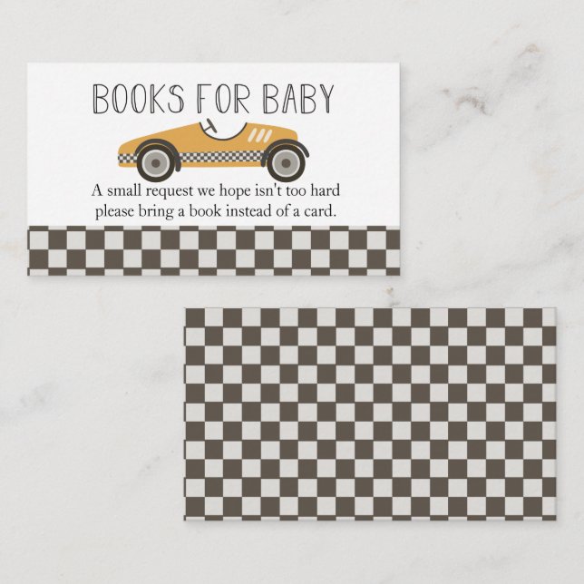 Carte D'accompagnement Livres de Baby shower de voiture de course Jaune p (Devant / Derrière)