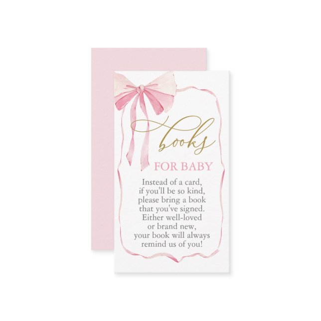 Carte D'accompagnement Livres de Baby shower pour bébé avec Bow rose (Devant/Arrière en situation)