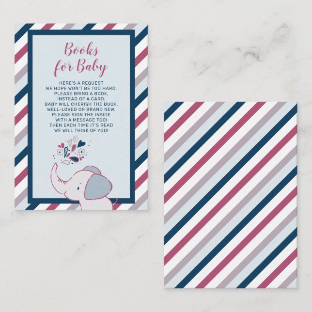 Carte D'accompagnement Livres de Baby shower rose & Navy Elephant pour bé (Devant / Derrière)
