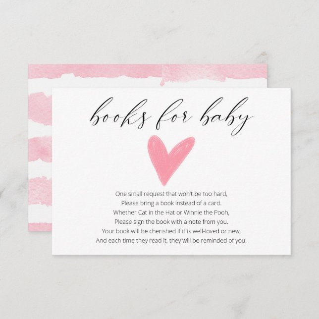 Carte D'accompagnement Livres de cœur rose à l'aquarelle simple pour bébé (Devant / Derrière)