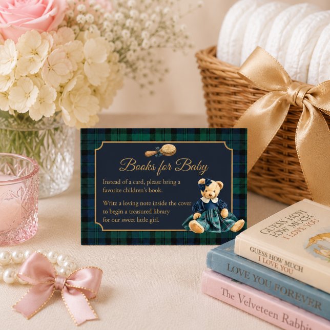 Carte D'accompagnement Livres de fille ourson mignon prep pour bébé  (Cute Preppy Polo Teddy Bear Girl Baby shower, books for baby enclosure card )