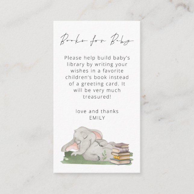 Carte D'accompagnement Livres de script Eléphant Cute pour Baby shower (Devant)