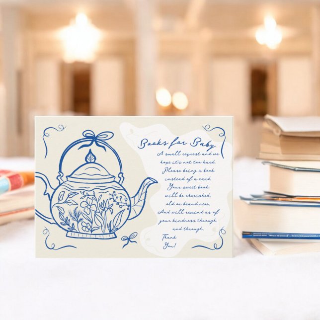 Carte D'accompagnement Livres de théière rétro bleu chic pour Baby shower (Retro blue chic bows teapot books for Baby shower Enclosure Card)
