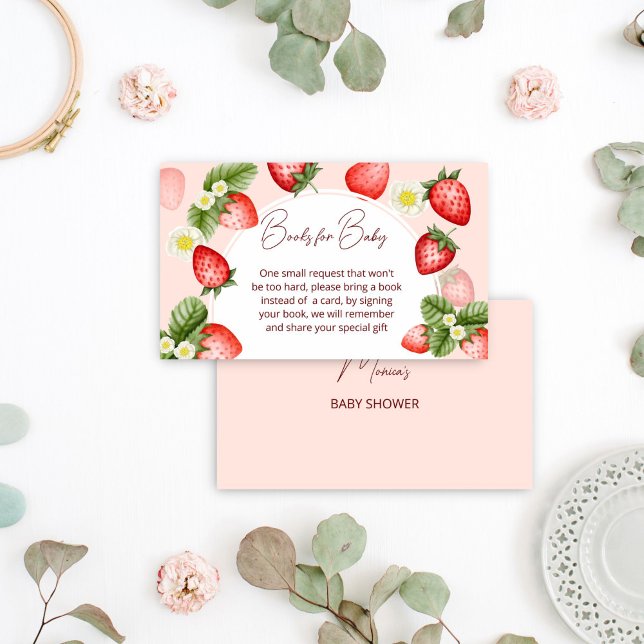 Carte D'accompagnement Livres demandés pour baby shower fraise (Strawberry baby shower books request enclosure card berry sweet baby shower books for baby card)