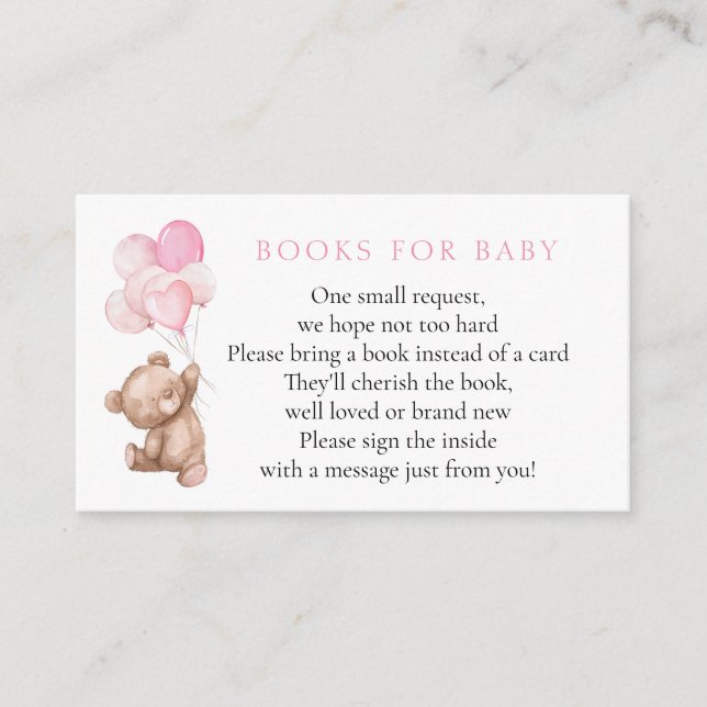 Carte D'accompagnement Livres d'ours en peluche rose pour bébé (Devant)