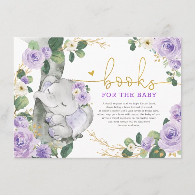 Carte D'accompagnement Livres Eléphant Floral Purple Gold pour Baby Girl (Devant)