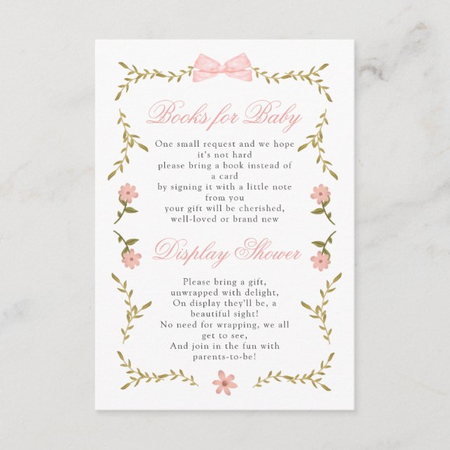 Carte D'accompagnement Livres en Baby shower rose fleuri pour présentatio (Devant)