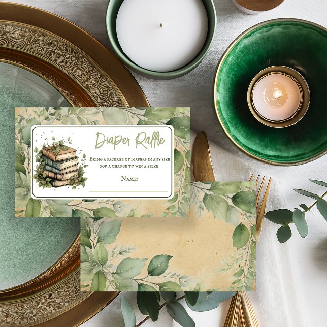Carte D'accompagnement Livres Feuille Chapitre suivant Raffle de couches (Vintage Elegance Books Leaves Baby Shower Diaper Raffle- "Our Next Chapter Begins . . ." Collection )