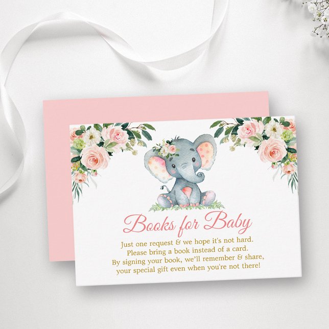 Carte D'accompagnement Livres Floral Rose Eléphant Pour Baby shower Or (Customize to change text color, style, text size or color of back of card.)
