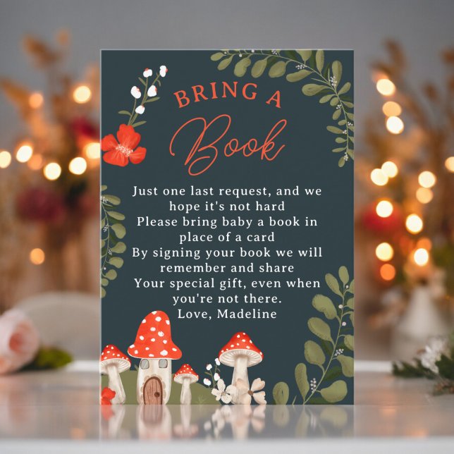 Carte D'accompagnement Livres floraux de champignons de bois pour baby sh (Woodland mushroom floral books for baby shower enclosure card)