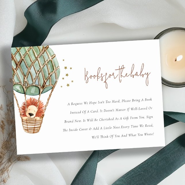 Carte D'accompagnement Livres Green Hot Air Balloon Lion pour Baby shower (Créateur téléchargé)