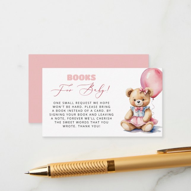 Carte D'accompagnement Livres Ours Ballons Roses Pour Fête De Bébé Fille (Devant/Arrière en situation)