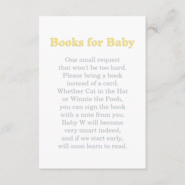 Carte D'accompagnement Livres pour Baby shower Demande Jaune et Gris (Devant)