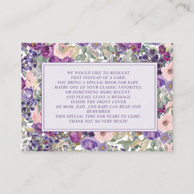 Carte D'accompagnement Livres pour Baby Shower Fille Fleur Rose Violet (Devant)