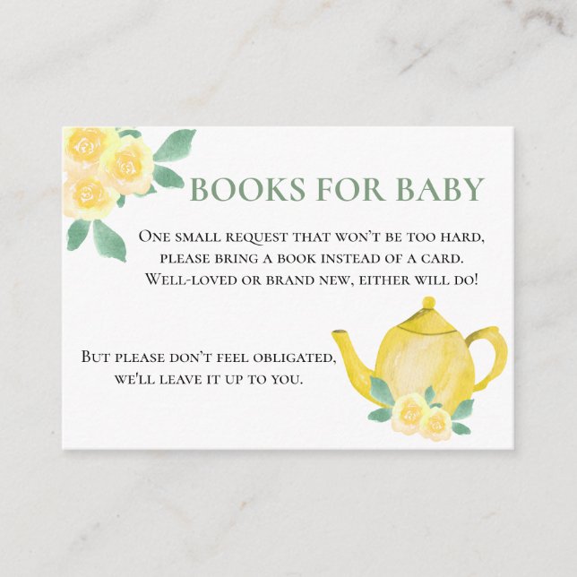 Carte D'accompagnement Livres pour Baby Yellow Teapot Baby shower Demande (Devant)