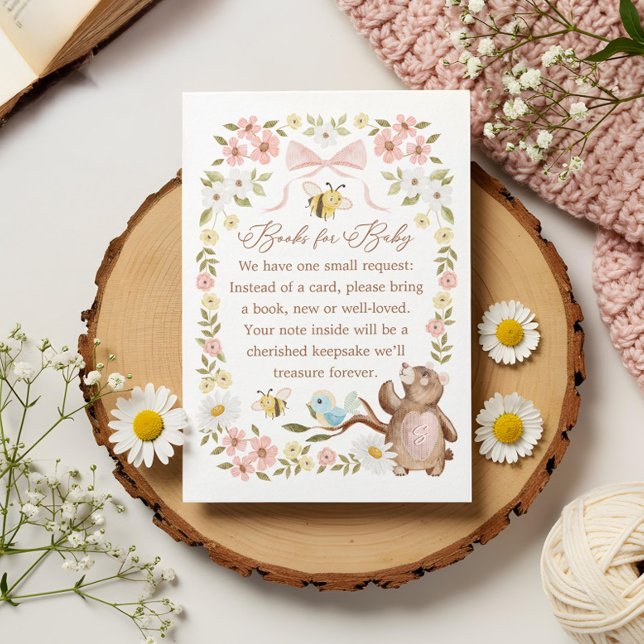 Carte D'accompagnement Livres pour Bébé Fille Knished Floral Ours (Books for Baby Girl Knitted Floral Woodland Bear Enclosure Card)