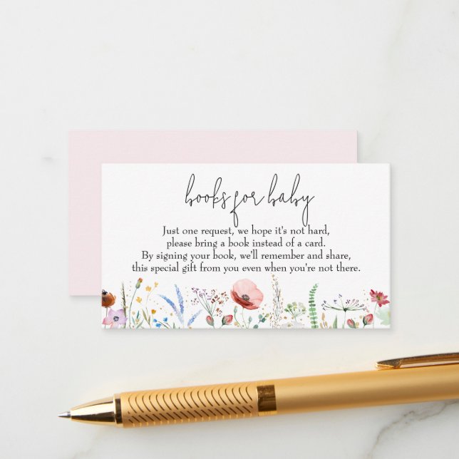 Carte D'accompagnement Livres pour bébé Fleur sauvage Baby shower fille (Devant/Arrière en situation)