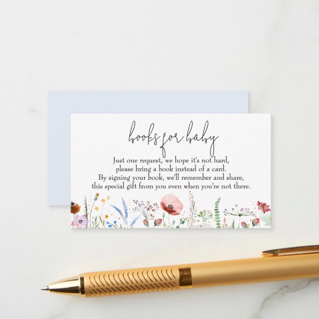 Carte D'accompagnement Livres pour bébé Fleurs sauvages Baby shower garço (Devant/Arrière en situation)