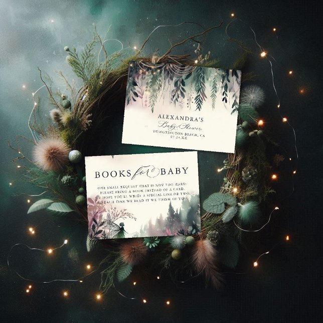 Carte D'accompagnement Livres Pour Bébé Forêt Enchantée Montagnes Fées (books for baby card baby shower enclosure enchanted forest fairy mountains emerald mauve)