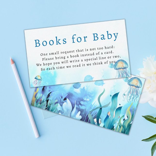 Carte D'accompagnement Livres pour bébé sous le Baby shower de garçon ble (books for baby under the sea enclosure card boy baby shower watercolor jellyfish seaweed fish blue)