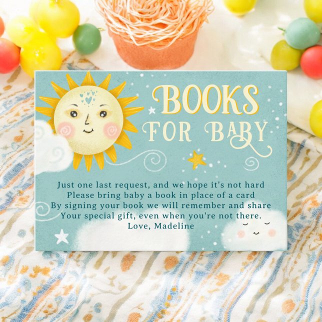 Carte D'accompagnement Livres rétro de soleil lunaire et nuages pour bébé (Retro whimsical Sun and Clouds books for baby Enclosure Card)